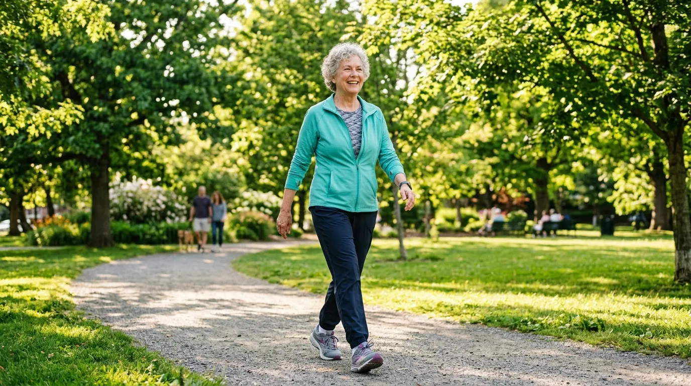 A joyful adult enjoying a brisk, healthy walk through a lush green park.