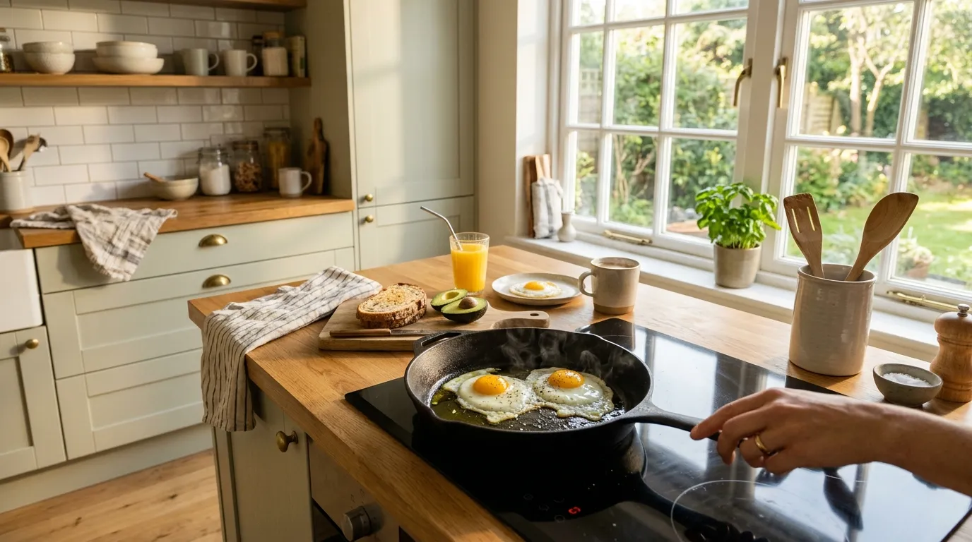Delicious healthy breakfast eggs cooking in a skillet