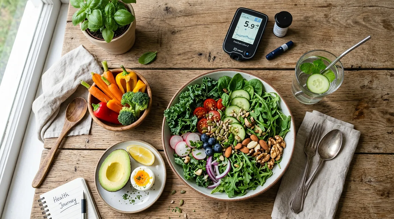 Healthy lifestyle layout with fresh food and a glucose monitor