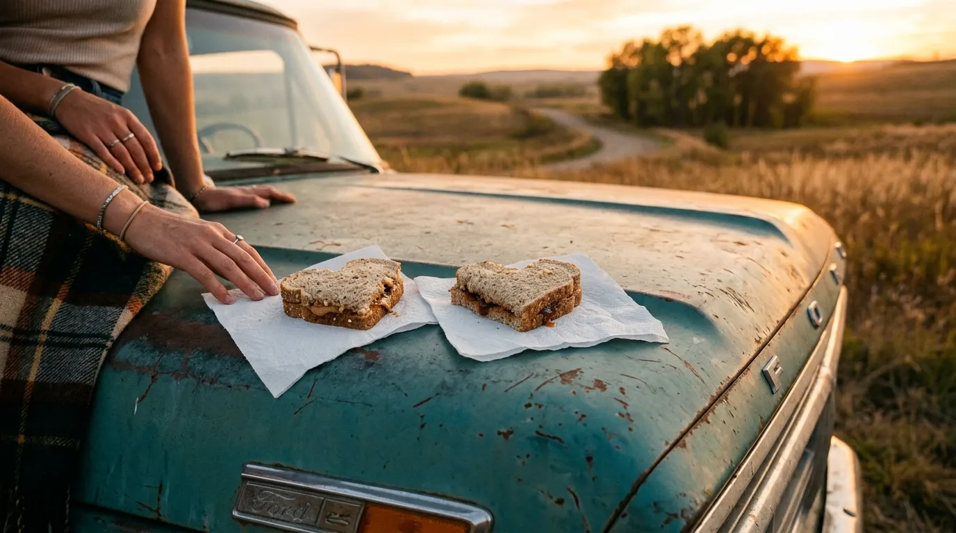 Two imperfectly cut heart-shaped sandwiches resting on paper napkins on the hood of an old pickup truck, bathed in warm golden hour light.