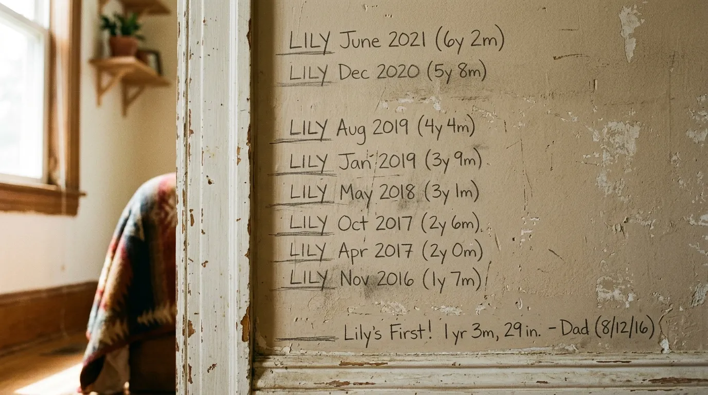 Faded pencil marks on a doorframe measuring a child's height, with a father's handwriting