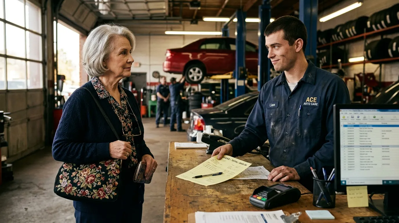 Older woman standing confidently at a mechanic's counter across from a young mechanic