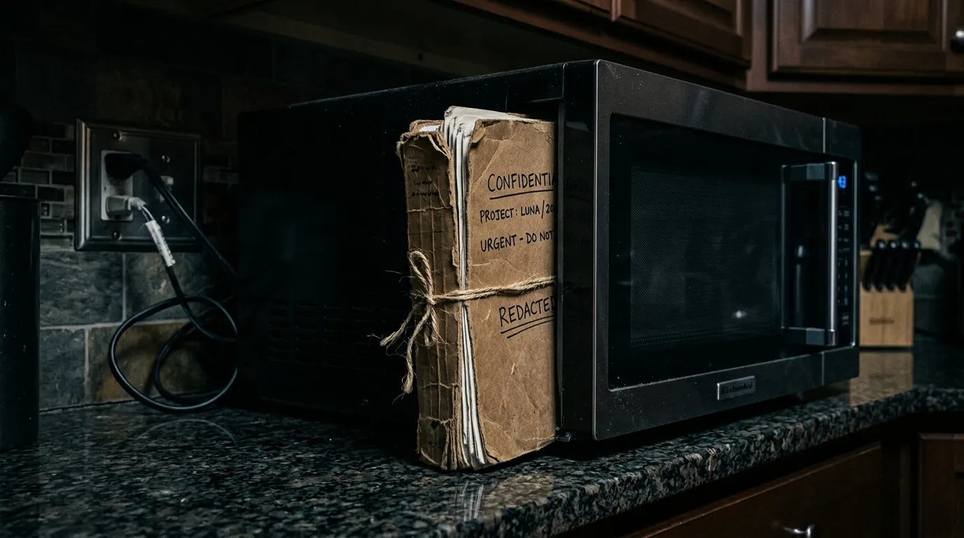 A thick brown folder hidden behind a kitchen microwave in dim lighting
