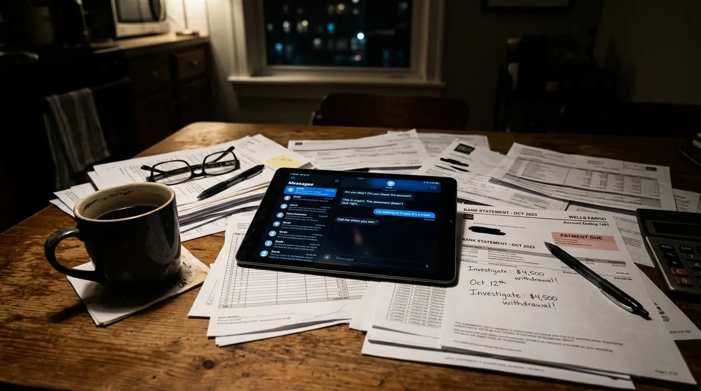 A late-night kitchen table covered in financial documents and a digital tablet showing text messages.