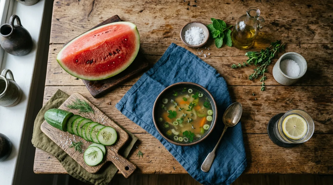 Flat lay of water-rich foods like cucumbers, soup, and watermelon