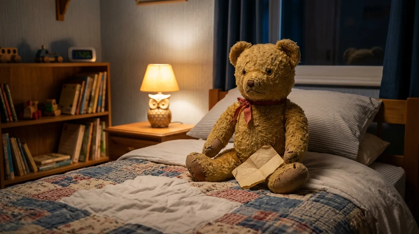 A weathered vintage teddy bear sitting on a child's bed, holding a folded piece of paper
