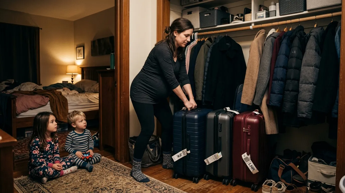 A pregnant woman pulling hidden suitcases from a closet