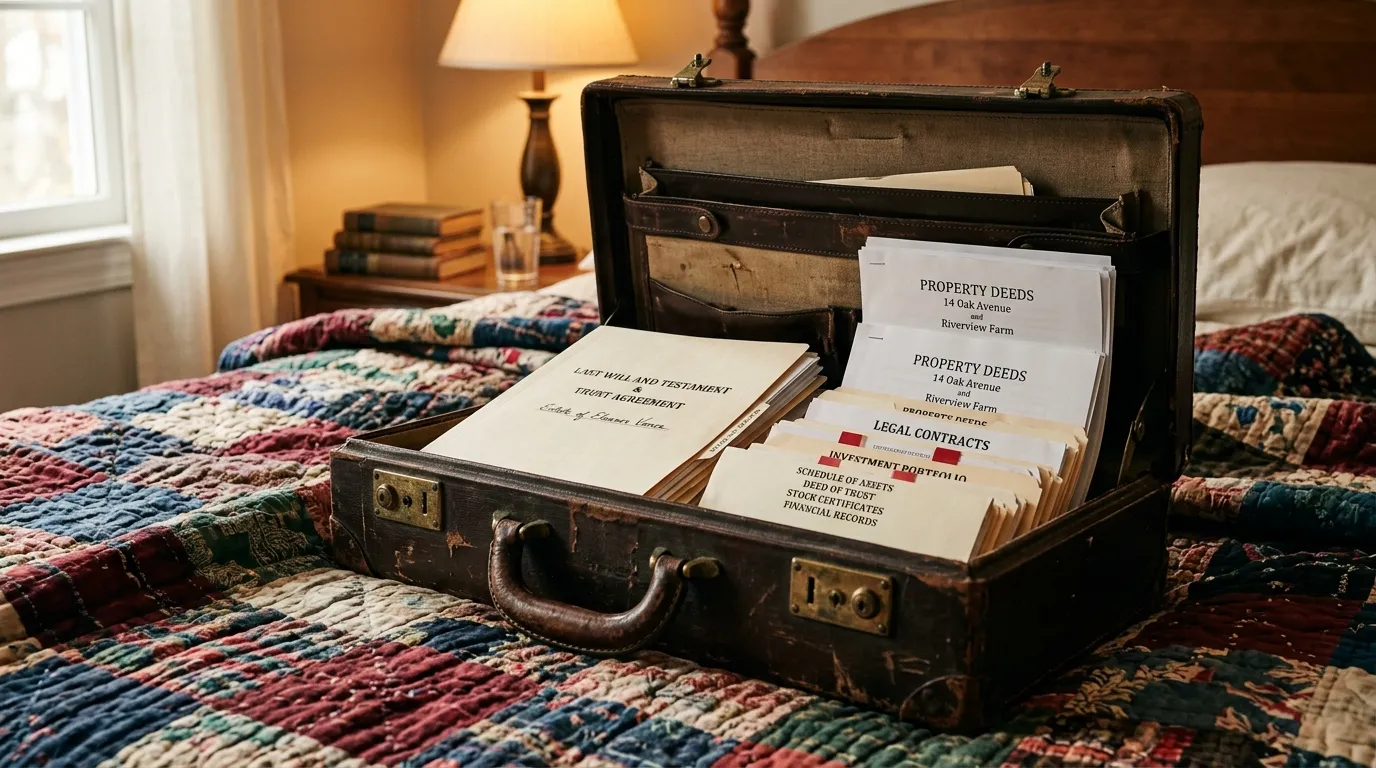 Open leather briefcase showing financial documents and trust records