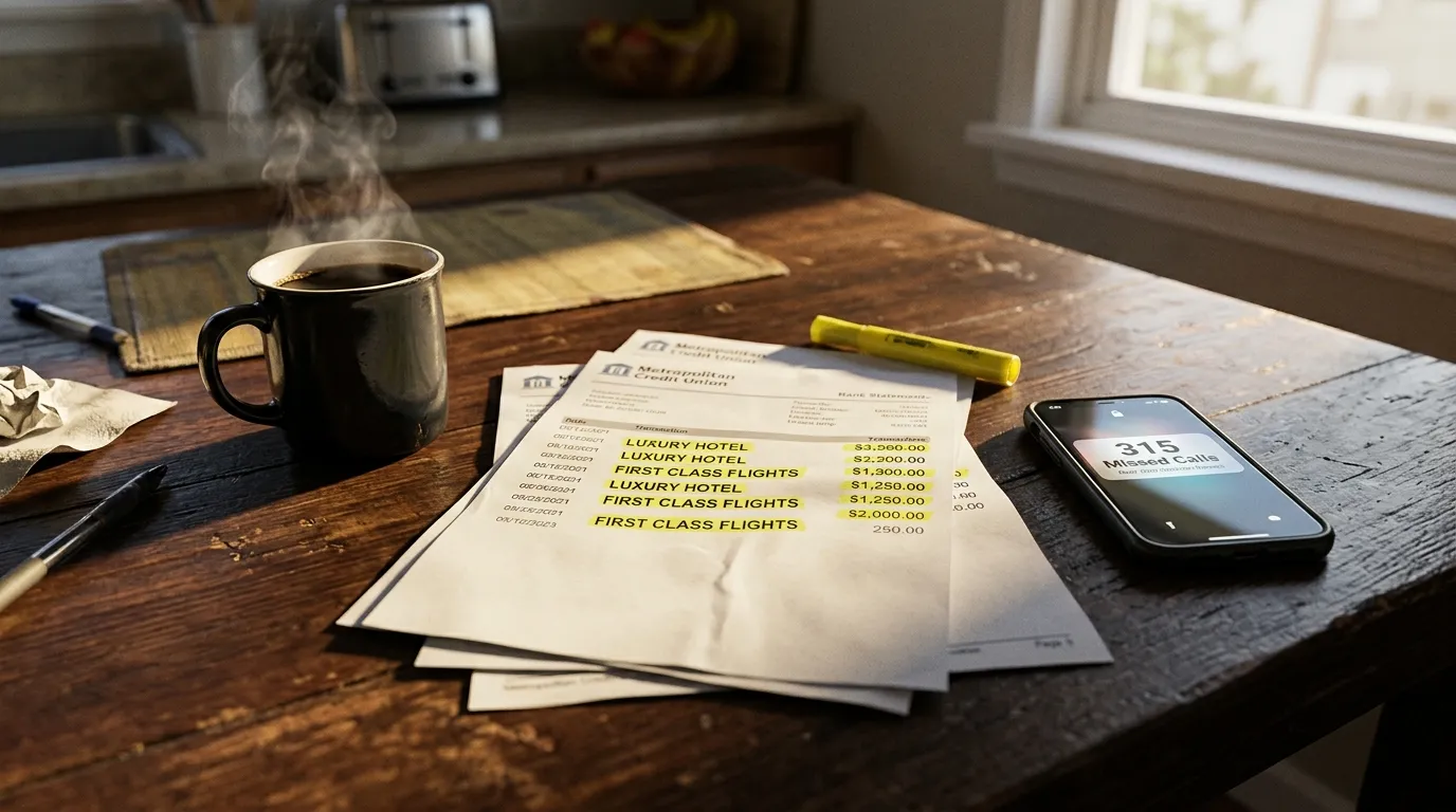 Bank statements highlighted next to a phone showing missed calls