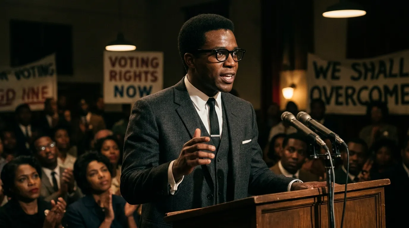 A charismatic man in a vintage suit delivering a powerful speech at a podium