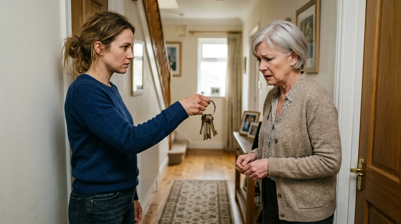 A woman holding out a heavy set of brass house keys in a tense hallway.