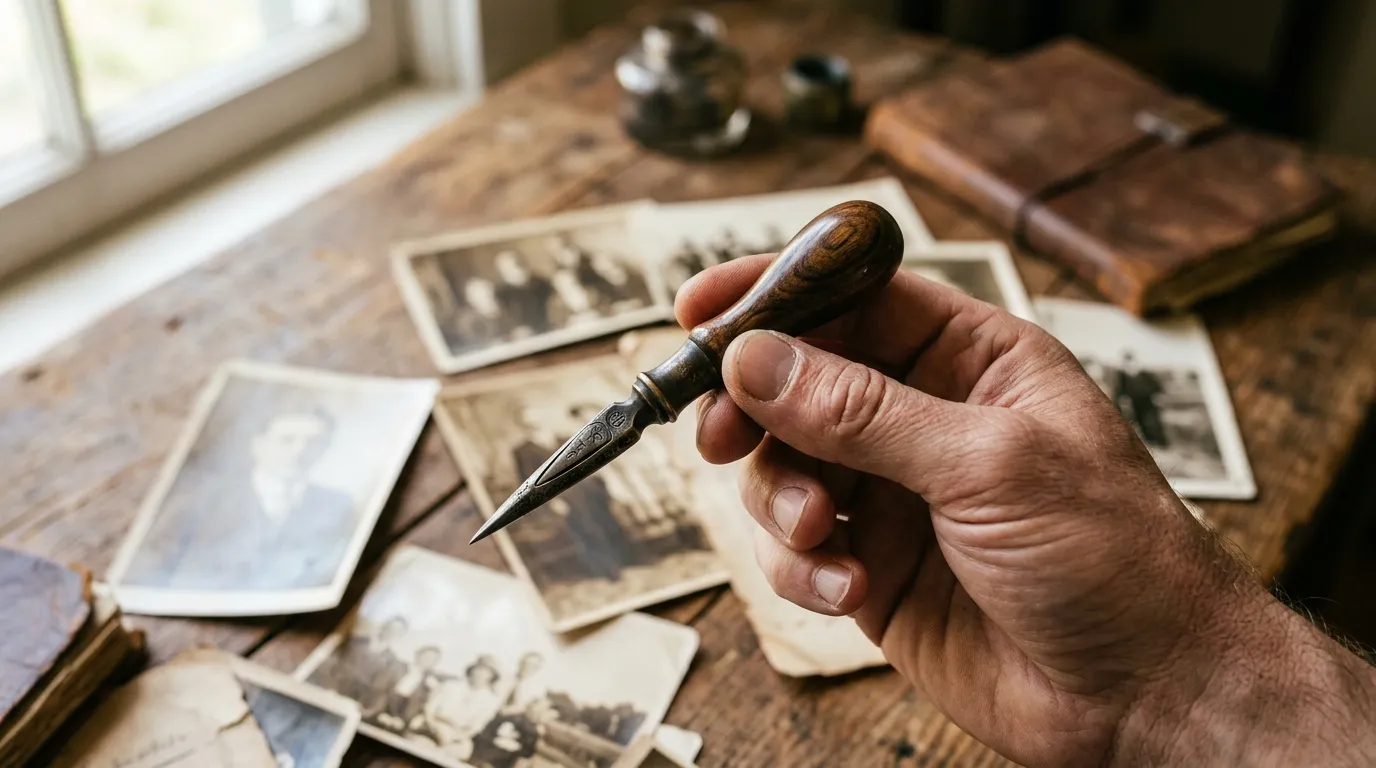 A person holding a mysterious pointed vintage tool, looking puzzled