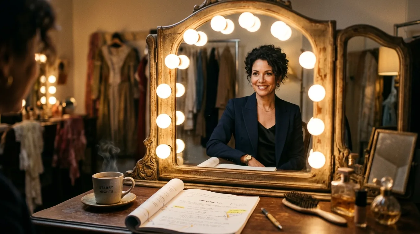 A vintage vanity mirror in a dressing room reflecting a confident adult woman.