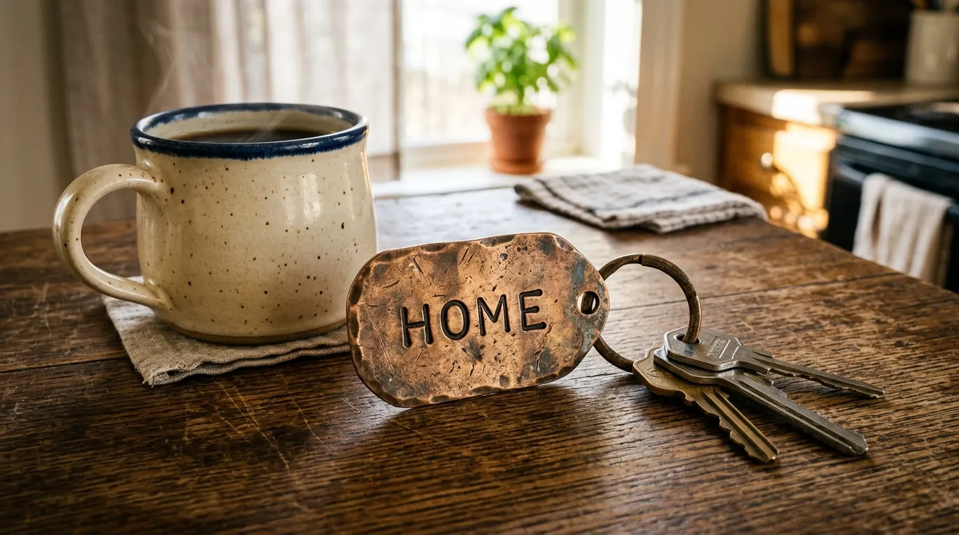 A weathered metal keychain with the word HOME stamped on it next to a coffee mug.