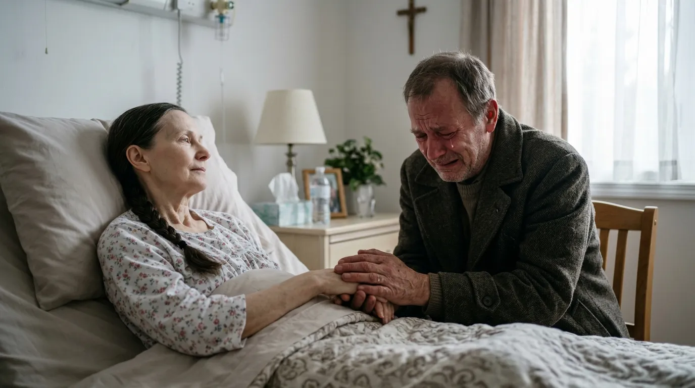 A frail older woman in a hospice bed holding the hands of a weeping older man