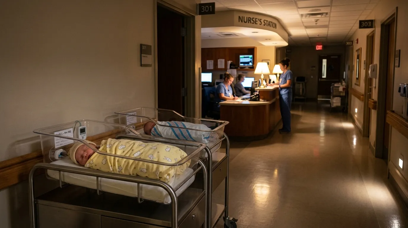 Two newborn bassinets in a dimly lit hospital hallway