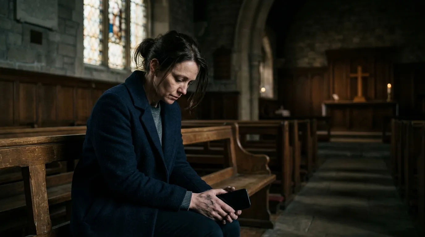 A somber, quiet hospital chapel with a lone woman sitting on a wooden bench, holding a disconnected smartphone