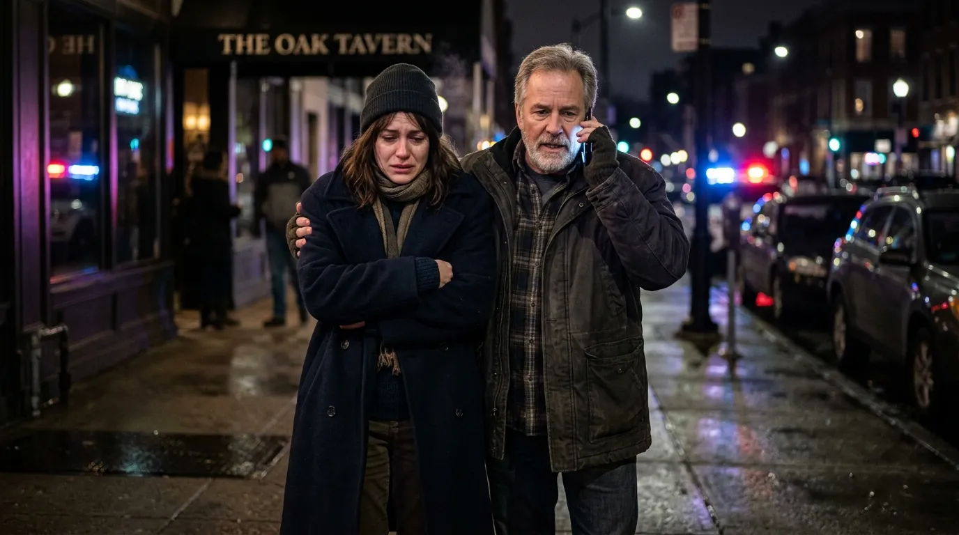 A father comforting his shivering daughter outside a restaurant at night.