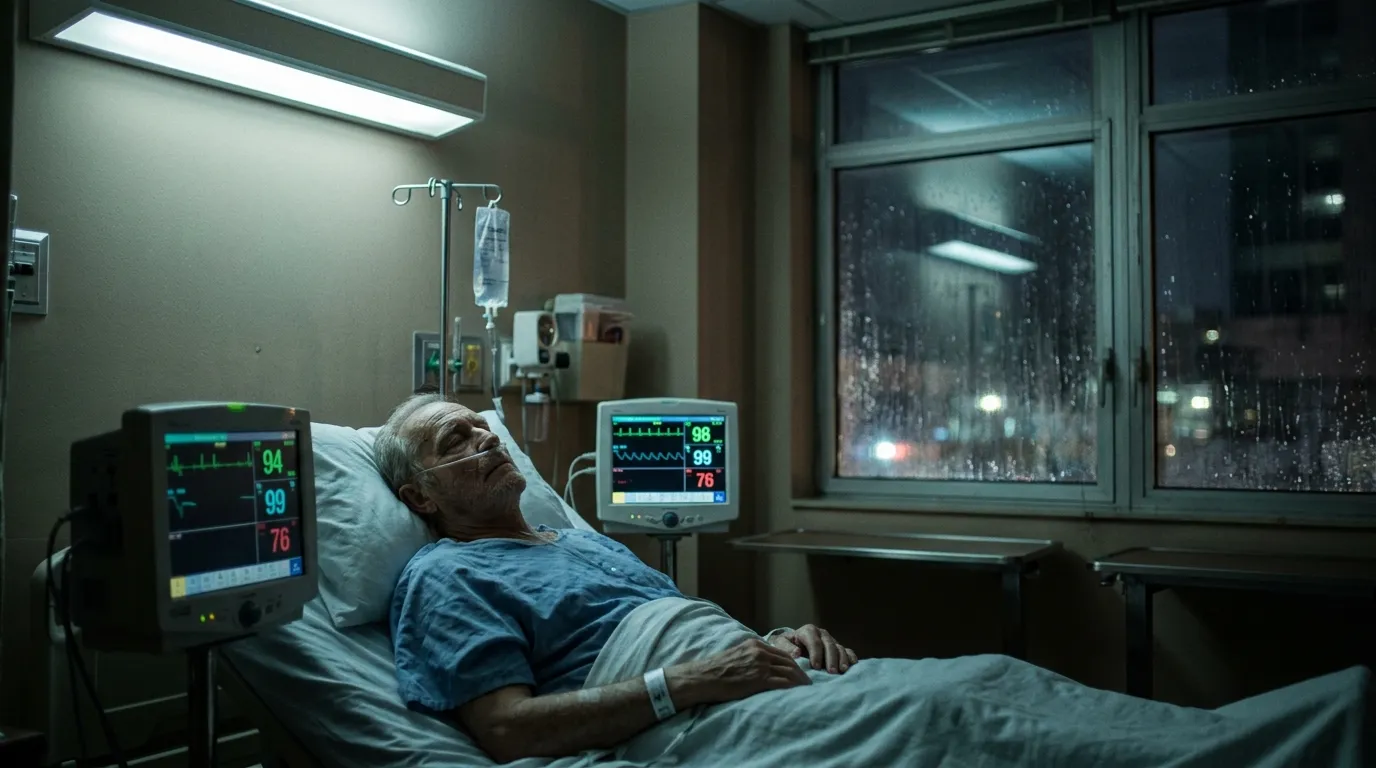 A dimly lit hospital room with a glowing heart monitor and rain streaking the window.