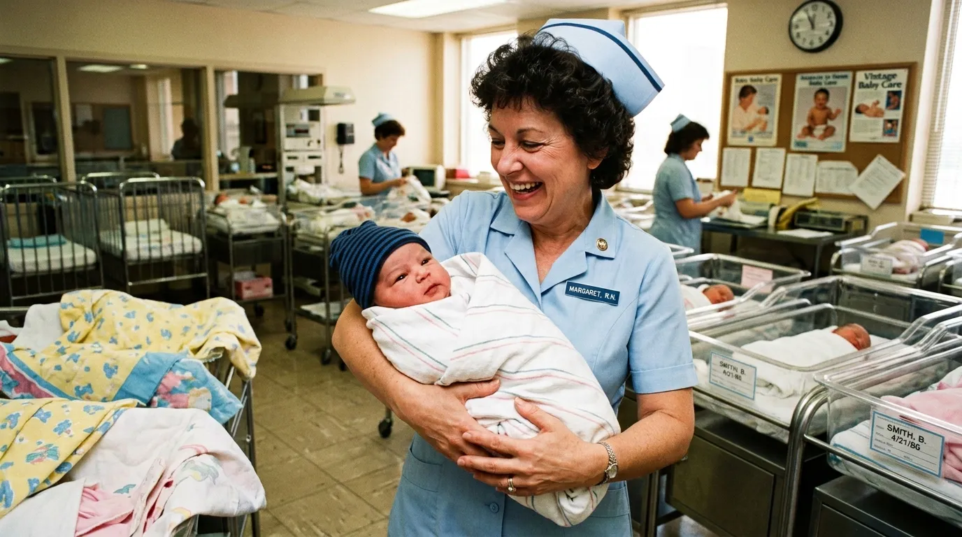 A surprised but smiling nurse holding a remarkably large newborn baby wrapped in a hospital blanket.