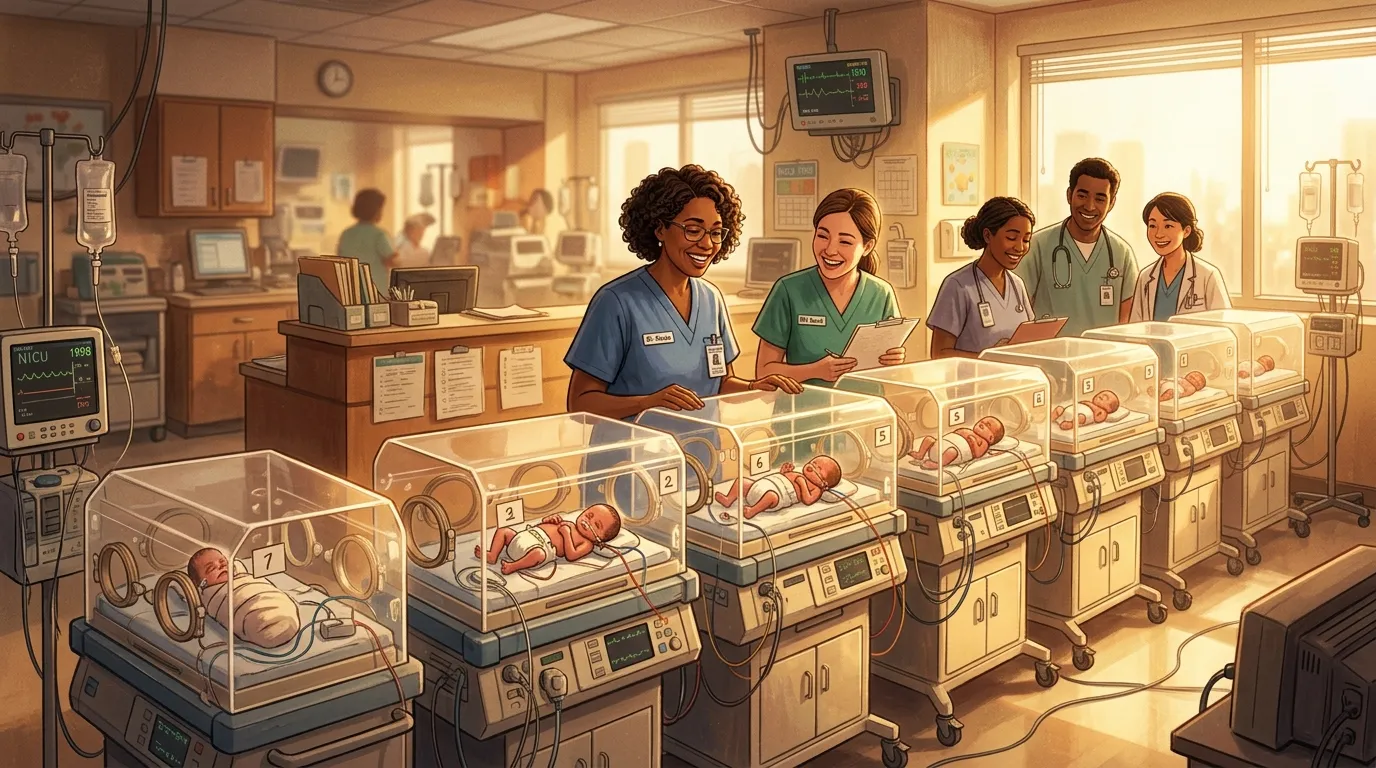Illustration of seven neonatal incubators in a 1990s hospital bathed in hopeful light