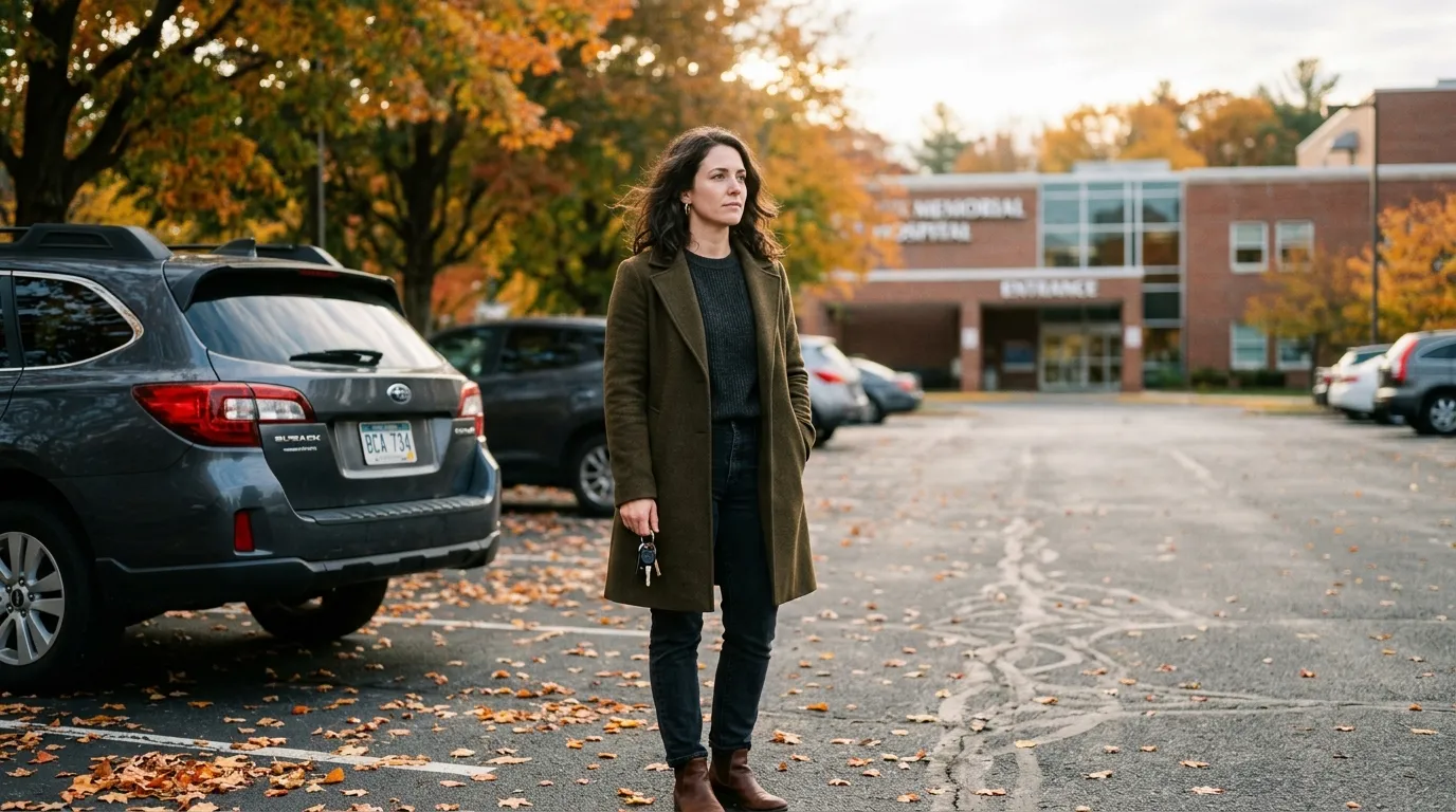 A woman standing thoughtfully in a hospital parking lot holding her car keys.