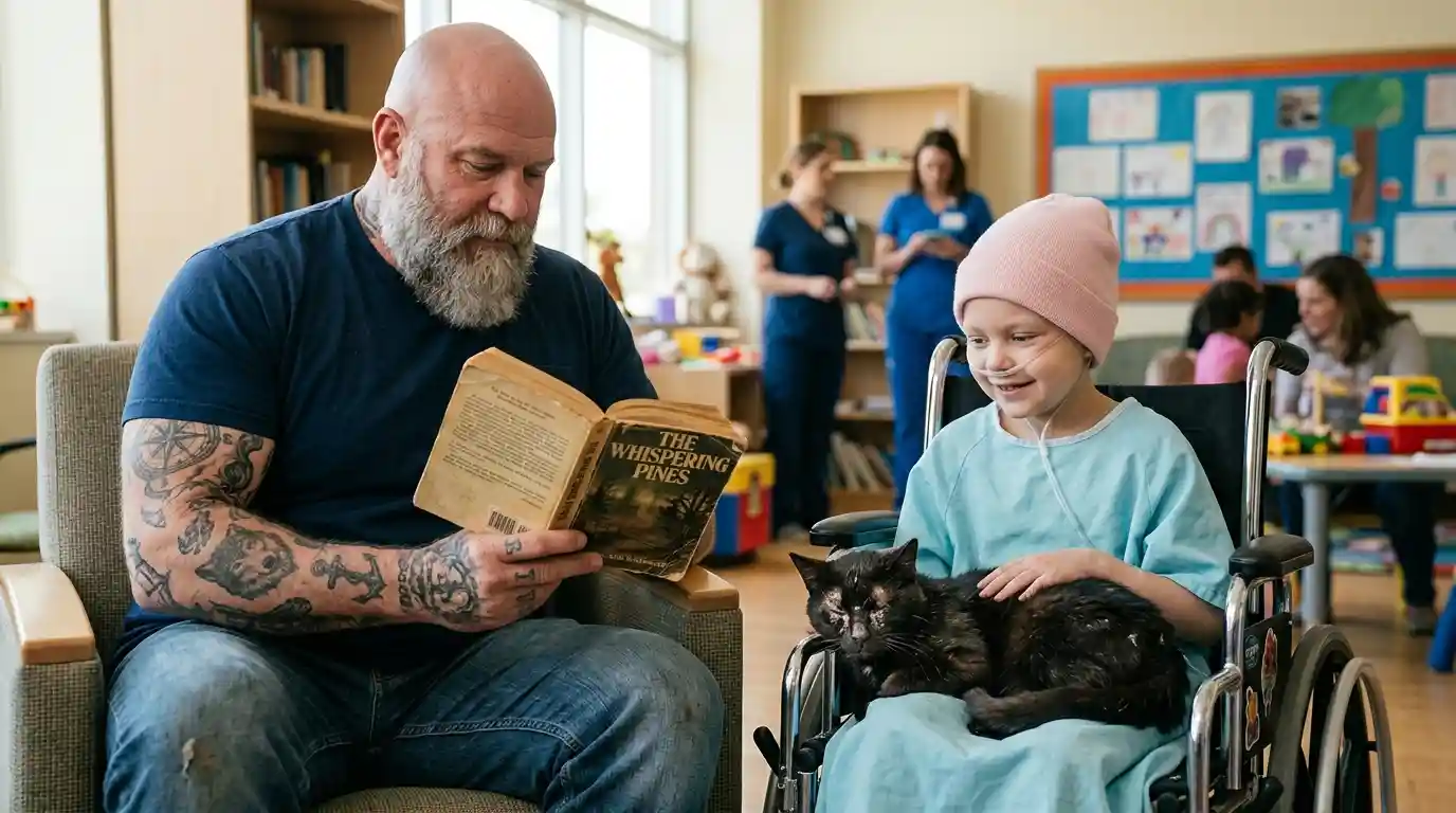 Tough tattooed man reading a book while a scarred black cat sleeps on a sick child's lap in a hospital