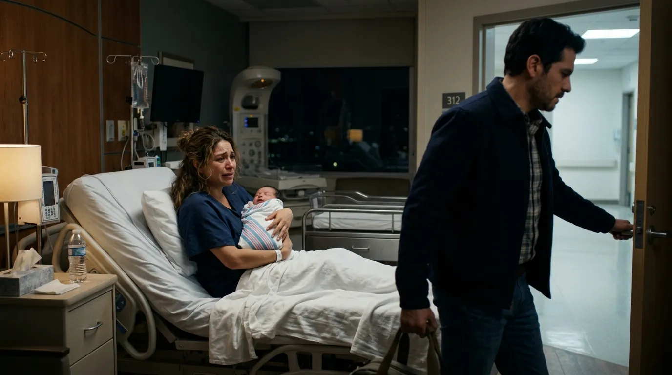 Husband walking out of the hospital room leaving his wife and newborn baby behind.
