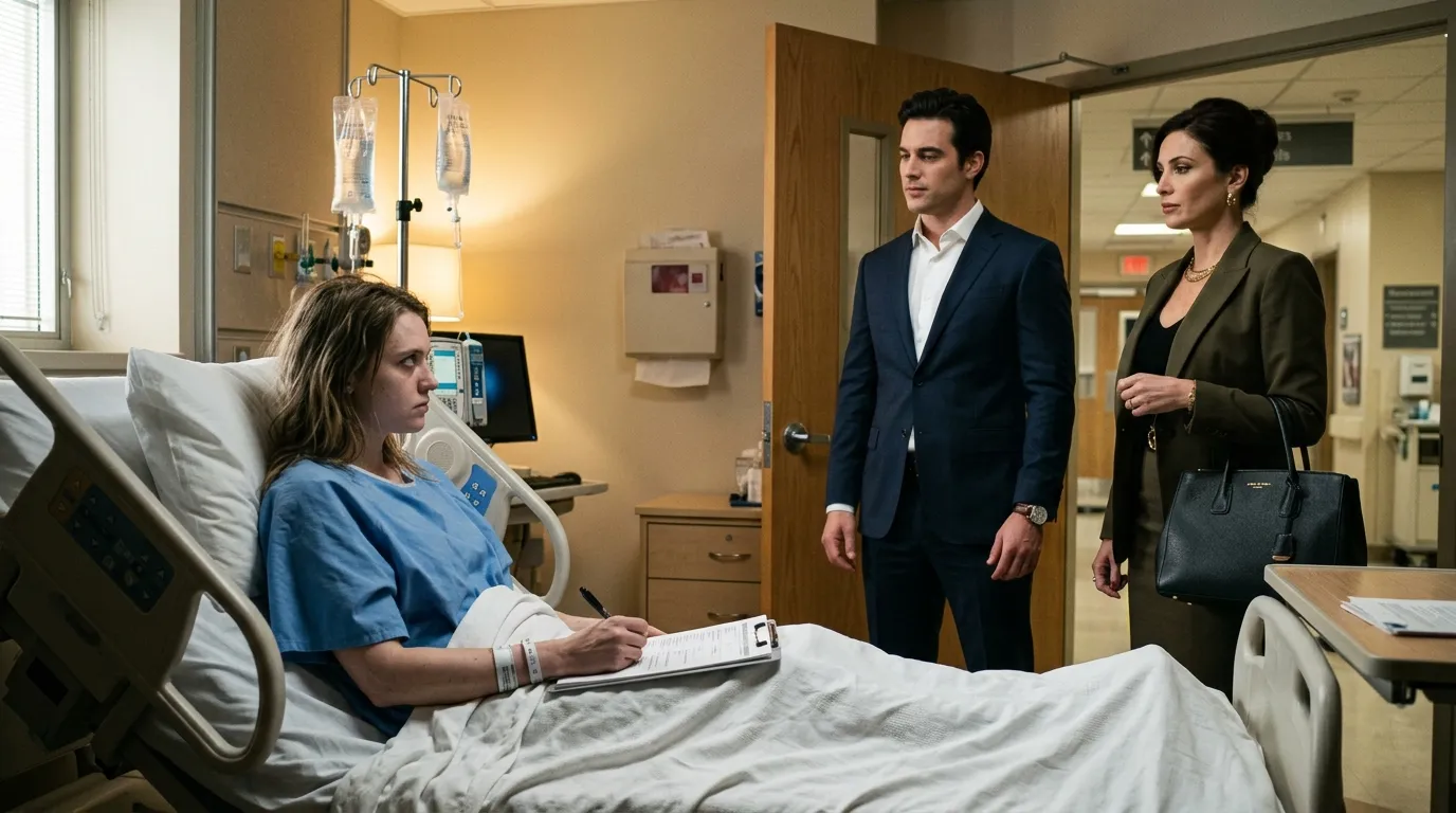 A woman in a hospital bed looking at her husband and his mistress entering the room.