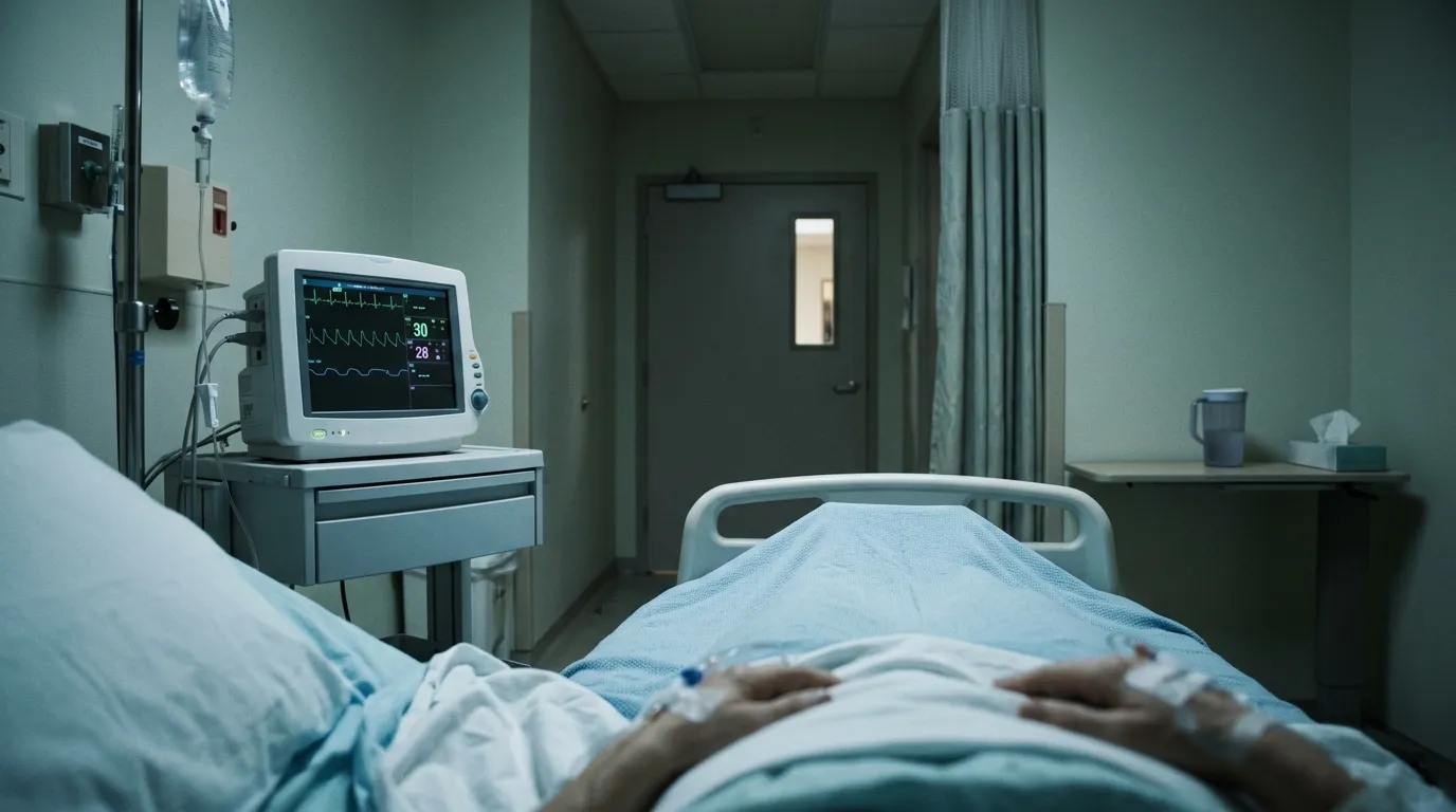 A sterile, softly lit hospital room showing a patient's bed and glowing medical monitors.