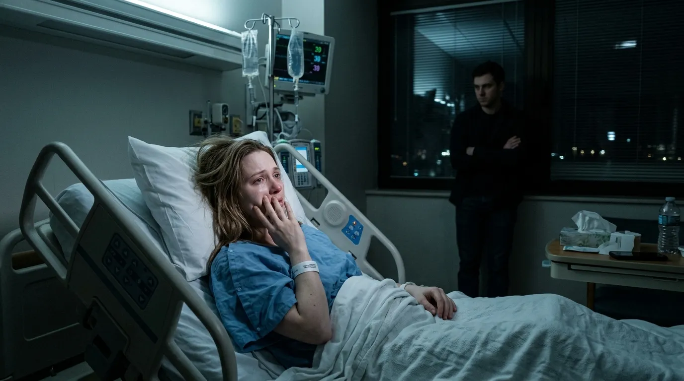 Young mother in a hospital bed looking overwhelmed while her husband stands distantly in the background.