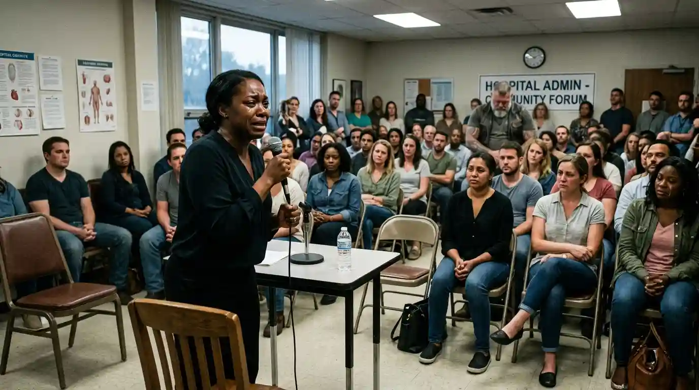Tense hospital town hall meeting with parents and a tough tattooed man in the corner