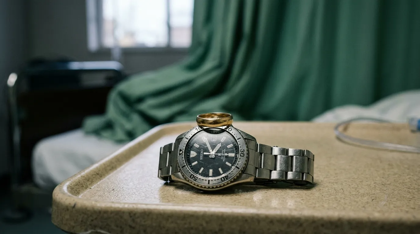 A woman's gold wedding ring resting on a man's silver watch on a hospital tray