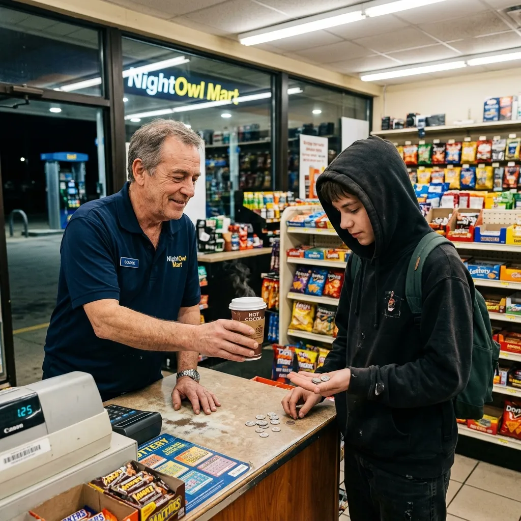 Gas station clerk serving hot chocolate to a teenager