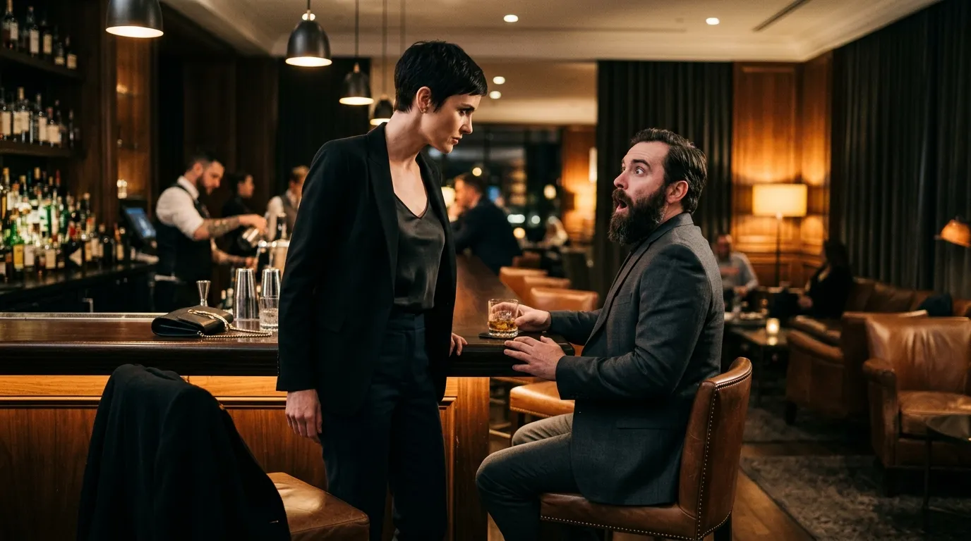 A tense confrontation between a woman and her unrecognizable husband in a hotel bar