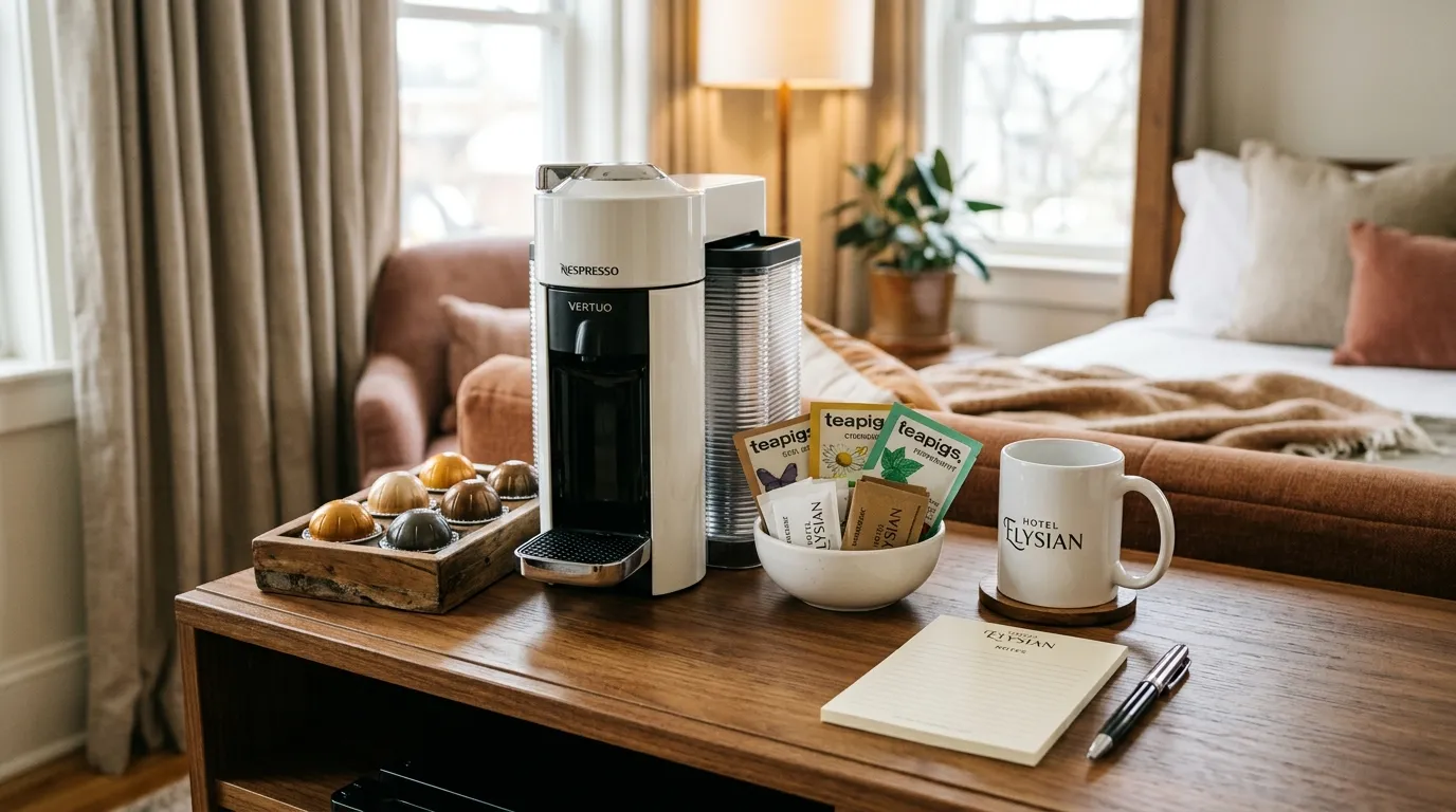 Cozy hotel coffee station with pods, tea bags, and a branded notepad