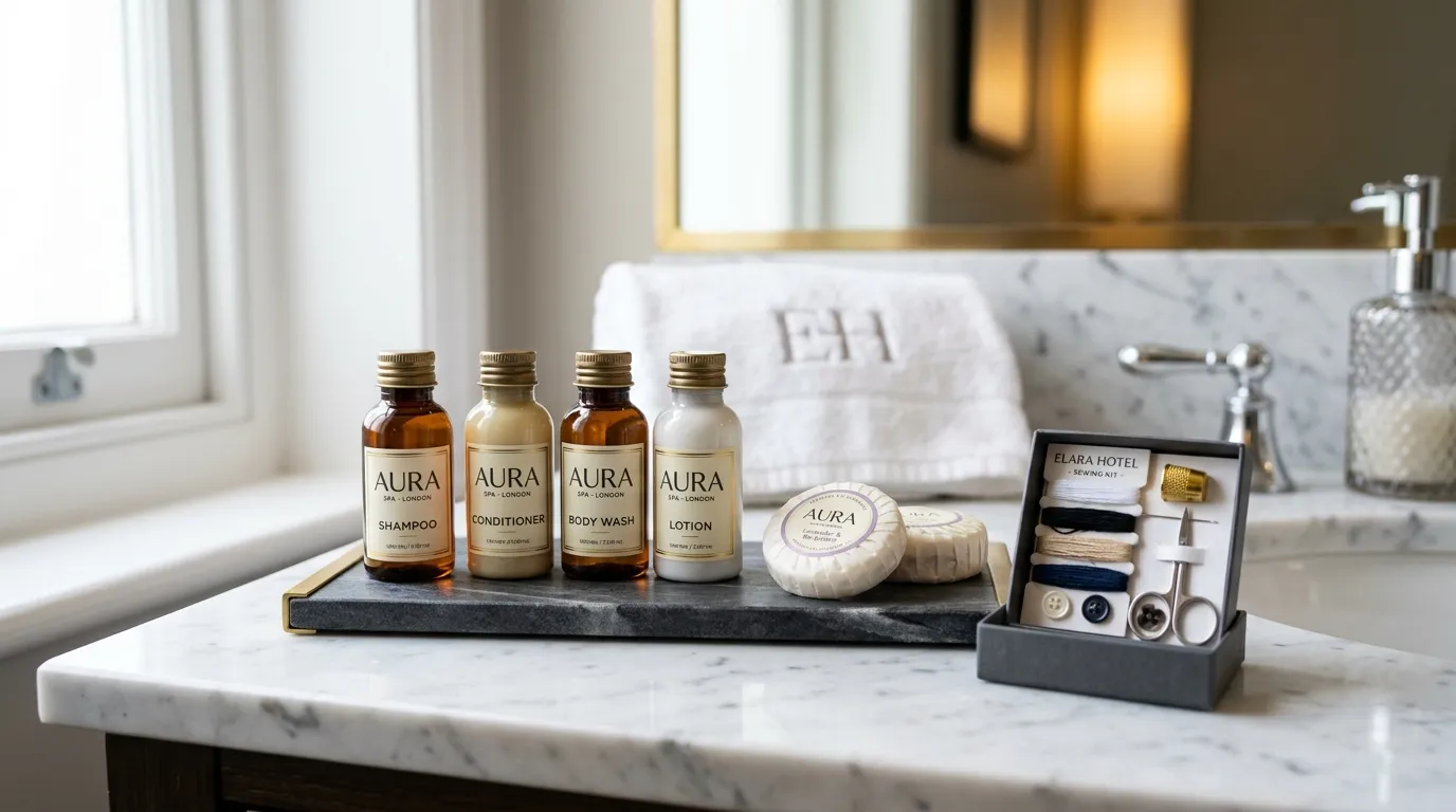 Beautifully arranged miniature toiletries on a marble hotel bathroom tray