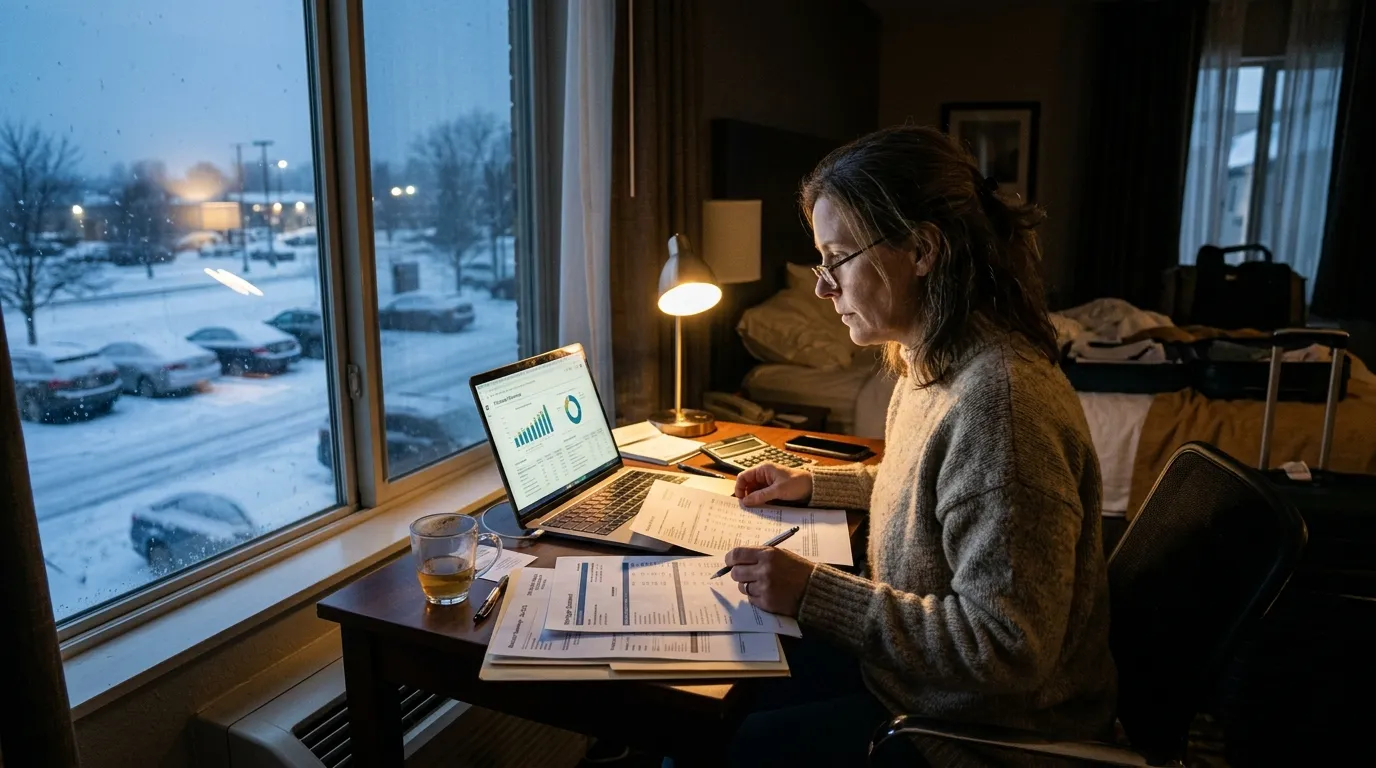 A woman sits in a dimly lit hotel room surrounded by financial documents.