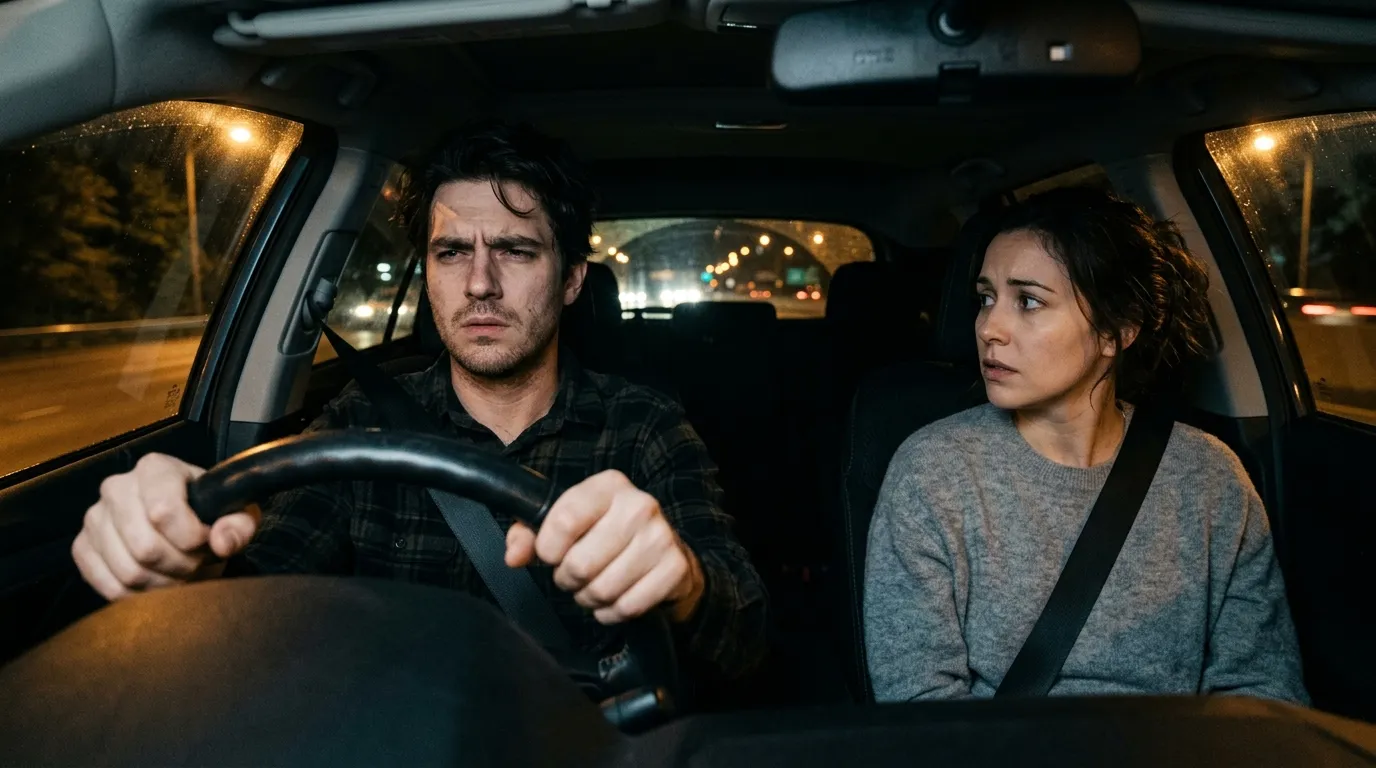 Stressed husband driving a car at night gripping the steering wheel