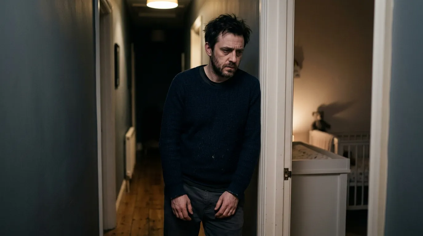 A stressed and guilty-looking man standing in a dimly lit hallway near a nursery