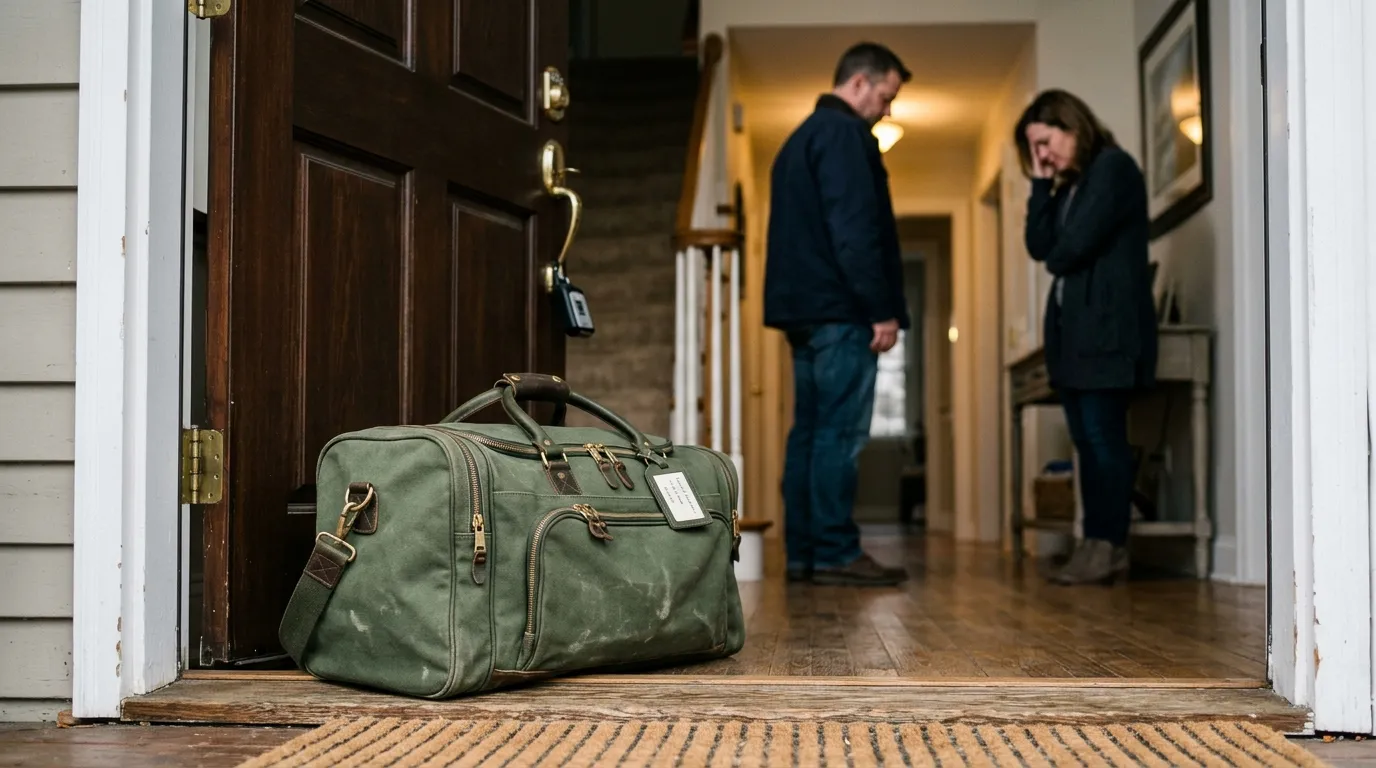 A zipped green duffel bag sitting by the front door while a man stands in the blurred background