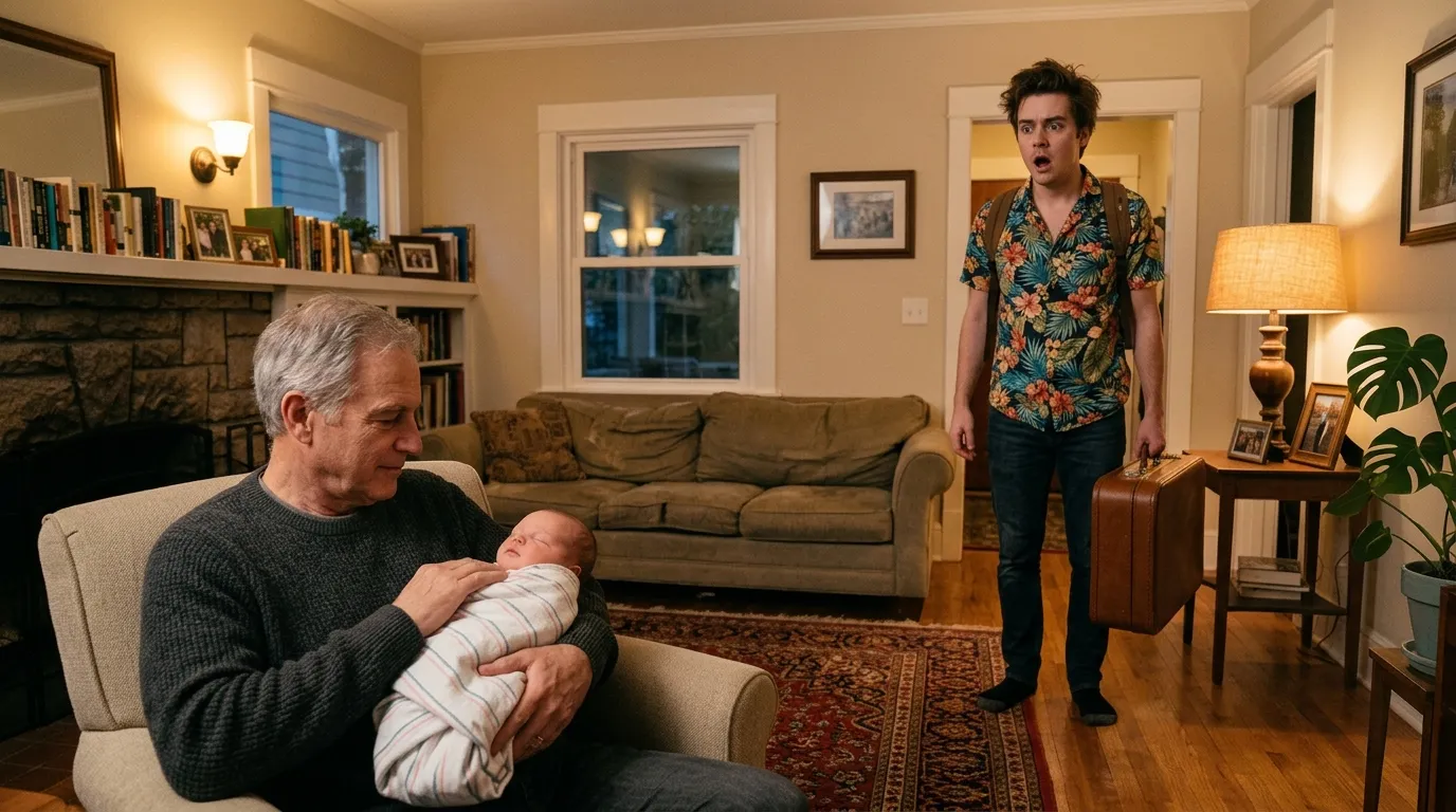 A young man returning from vacation drops his suitcase in shock as he sees his estranged father holding his baby.