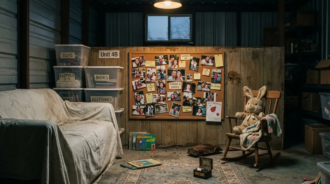 Inside a dimly lit storage unit with a corkboard of photos, a rocking chair, and a stuffed rabbit