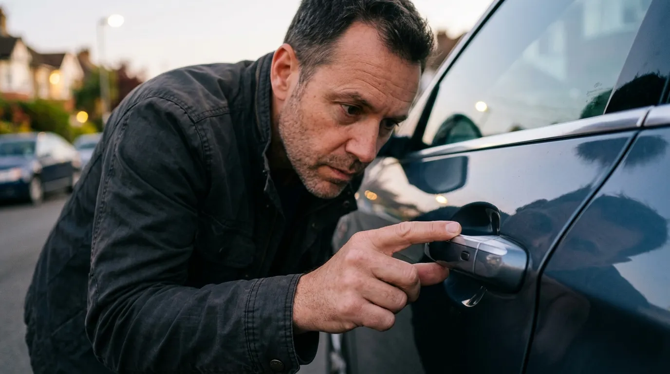 Close up of a driver carefully inspecting a car door handle for damage