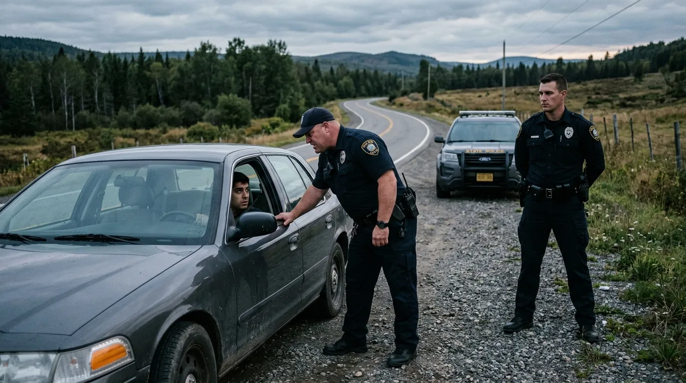 Two aggressive police officers approaching a parked car on an isolated road.