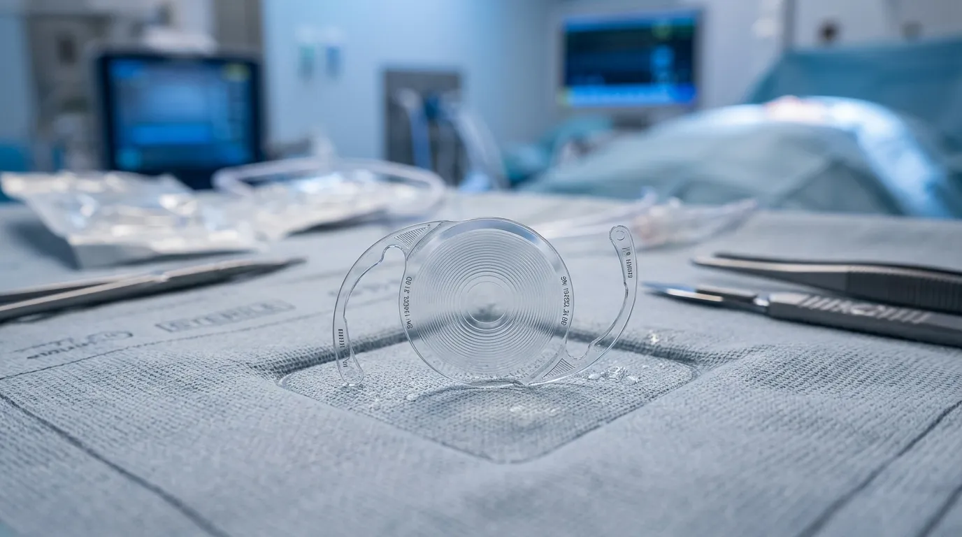 Close-up of a modern, transparent intraocular lens