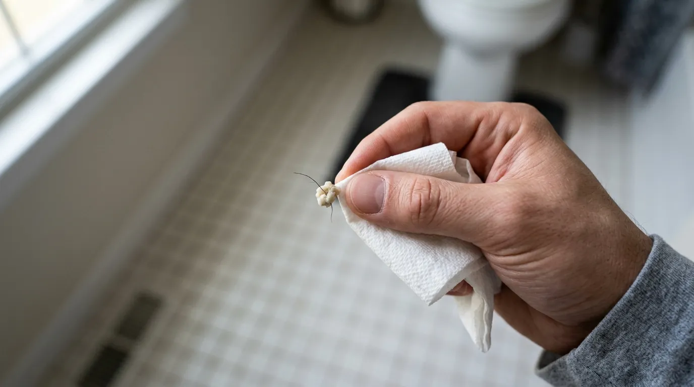 A hand using a tissue to carefully pick up an odd object from the bathroom floor