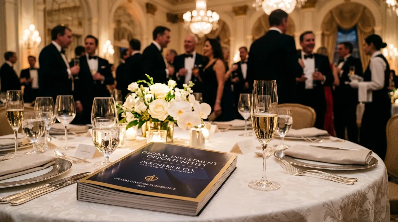 A glossy investment booklet sitting on a formal event table next to a champagne glass