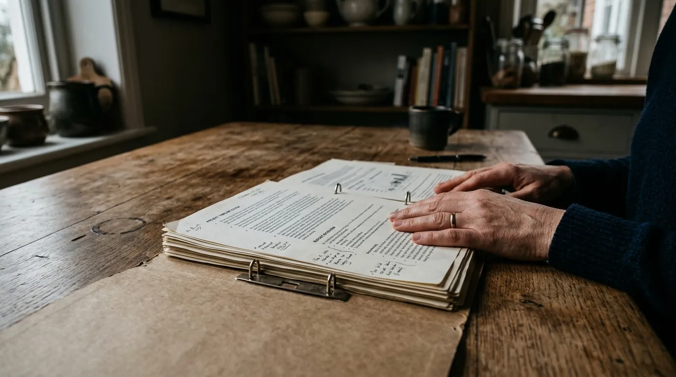 Close up of a thick business folder on a kitchen table