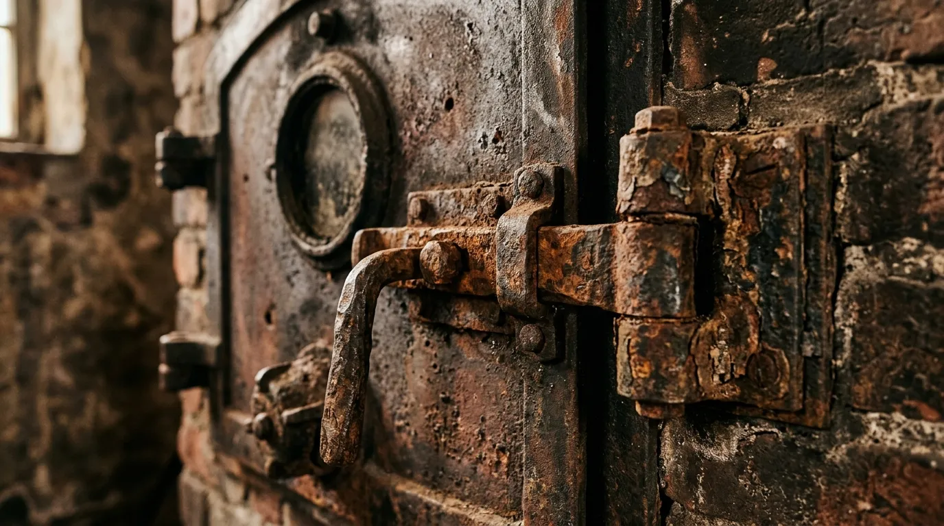 A close-up of a rusty, heavy iron latch on a vintage incinerator door.
